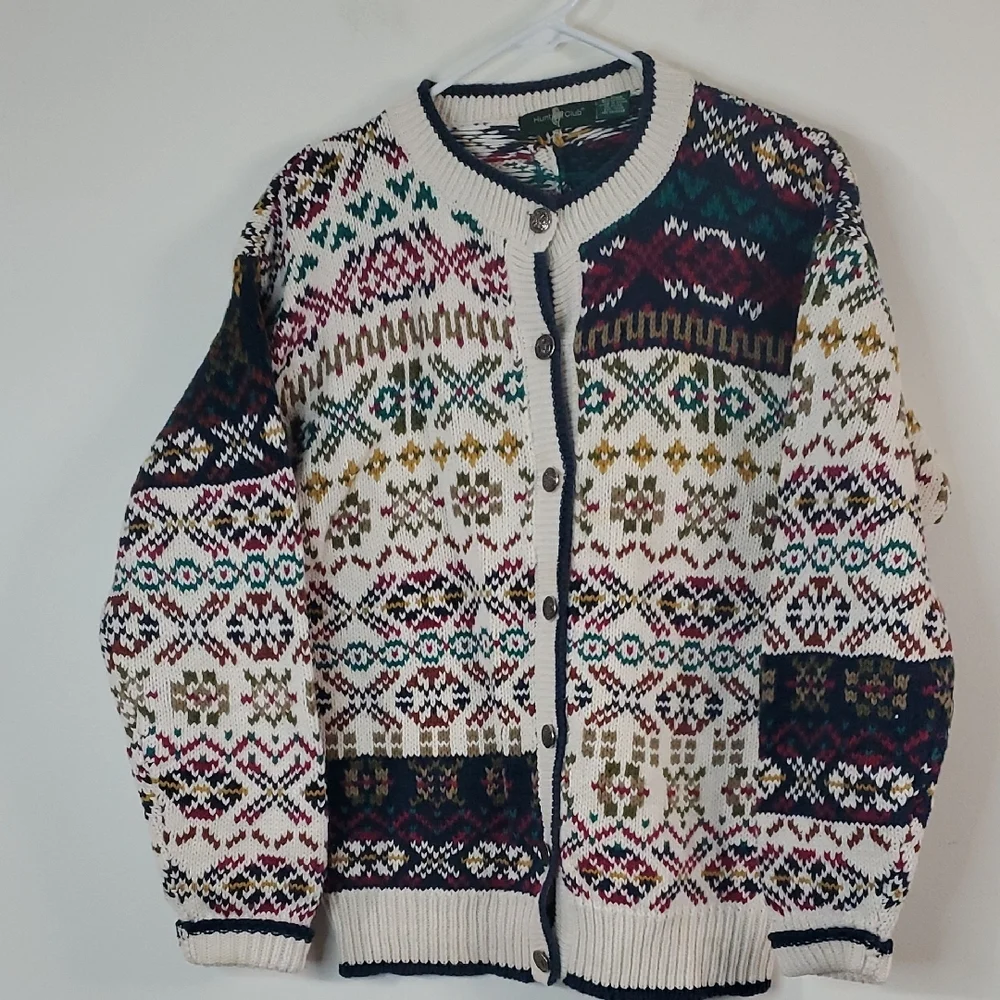 Vintage Hunt Club Womens Heavy Knit Mixed Print Grandpa Sweater Size Lg Cotton - Picture 1 of 14